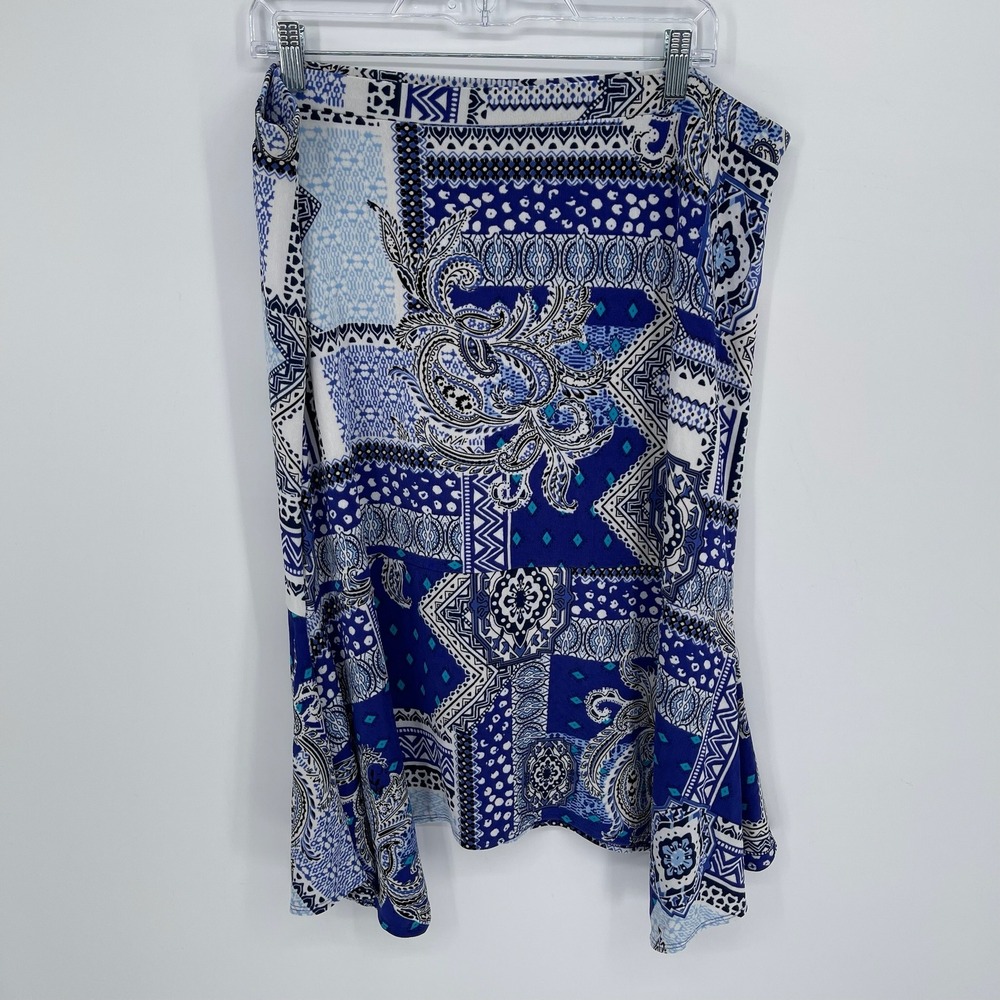 Chico's‎ Travelers Women's Blue Paisley Patchwork Flare Midi Boho Skirt Size 3P